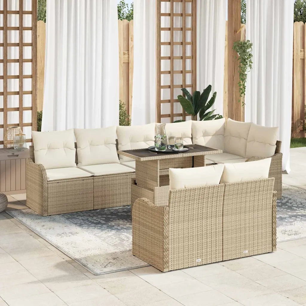 Set Divano da Giardino con cuscino 9 pcs Beige Poly Rattan
