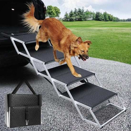 Trappola per cani auto 4 passi, rampa per cani pieghevole per cani grandi, superficie antiscivolo in alluminio, rampa per cani trasportabile per auto, SUV, camion, supporta fino a 113 kg