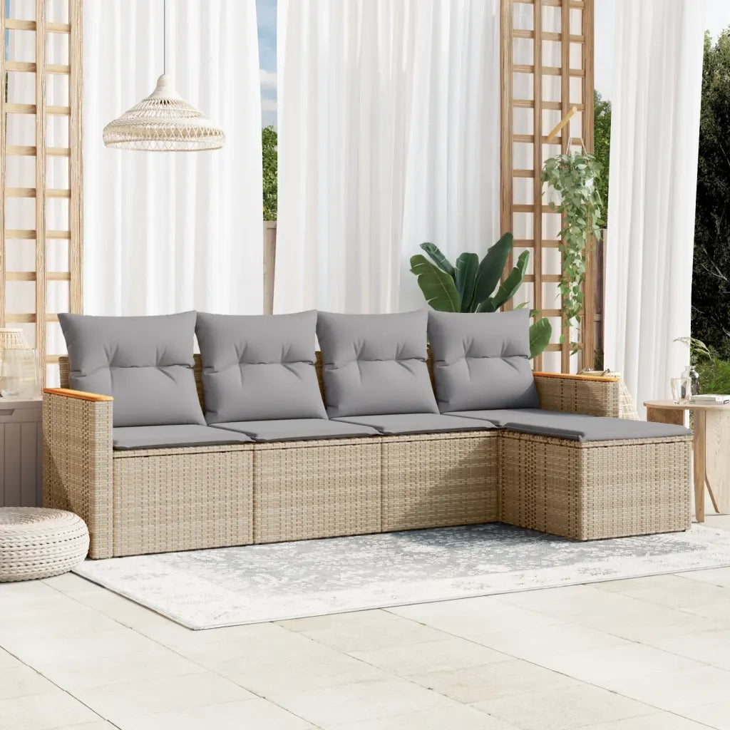 Set Divano da Giardino 5 pz | Set Salotto da Giardino con Cuscini Beige Misto Polyrattan
