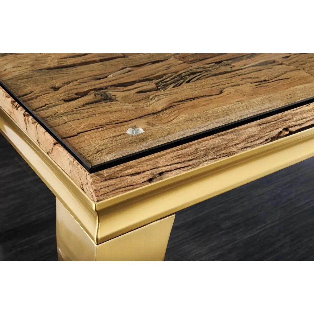 Table de salle à manger VELENA – Rectangulaire 200 cm – Bois de teck, verre et acier doré – Style baroque chic Tavolo da pranzo VELENA – Rettangolare 200 cm – Legno di teak, vetro e acciaio dorato – Stile barocco chic