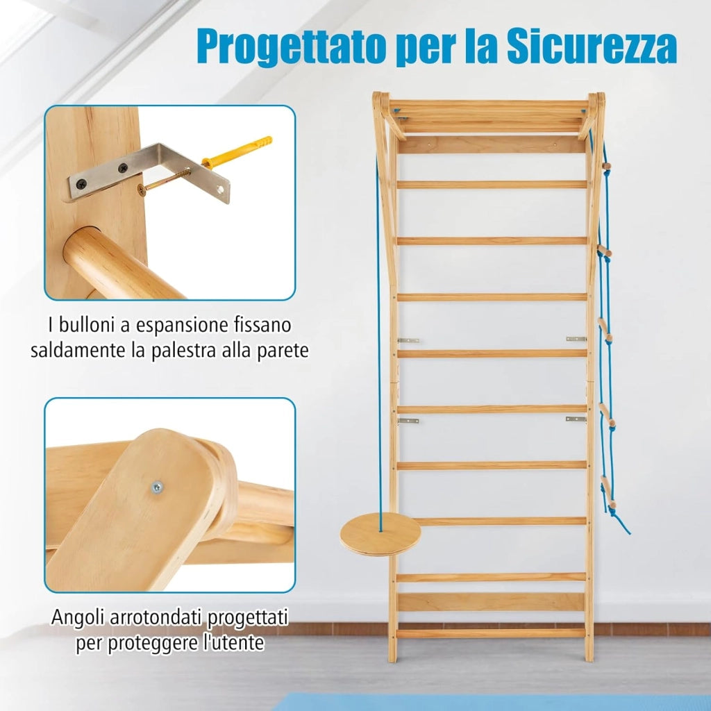 Spalliera Svedese in Legno, Scala Svedese Adulti e Bambini con 13 Barre, Scala a Corda e Trapezio Rotondo, Spalliera per Fitness e Fisioterapia da Palestra e Casa, Portata 100 kg