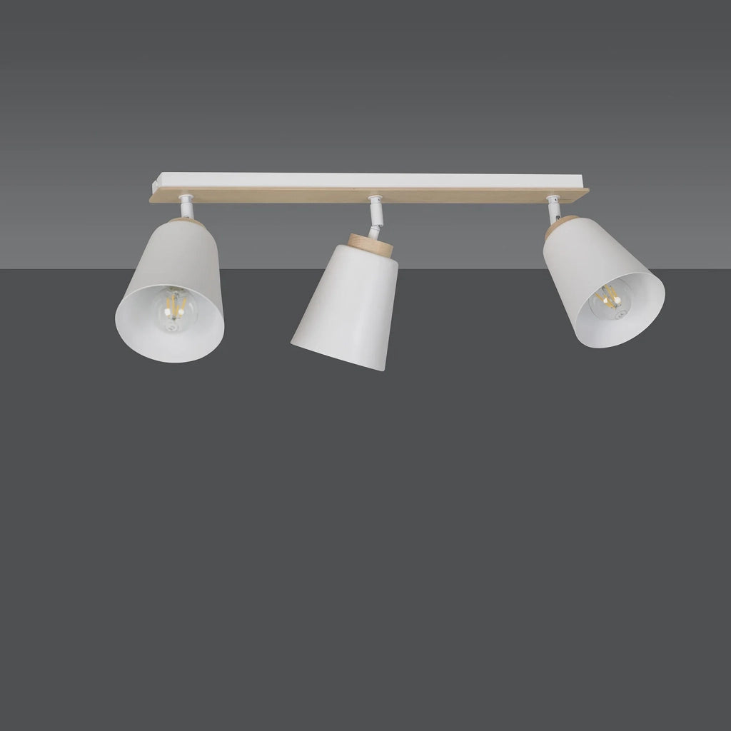 Plafoniera Spot Faretti Orientabili 3 Luci Xiwangmu Acciaio Bianco E Legno Naturale
