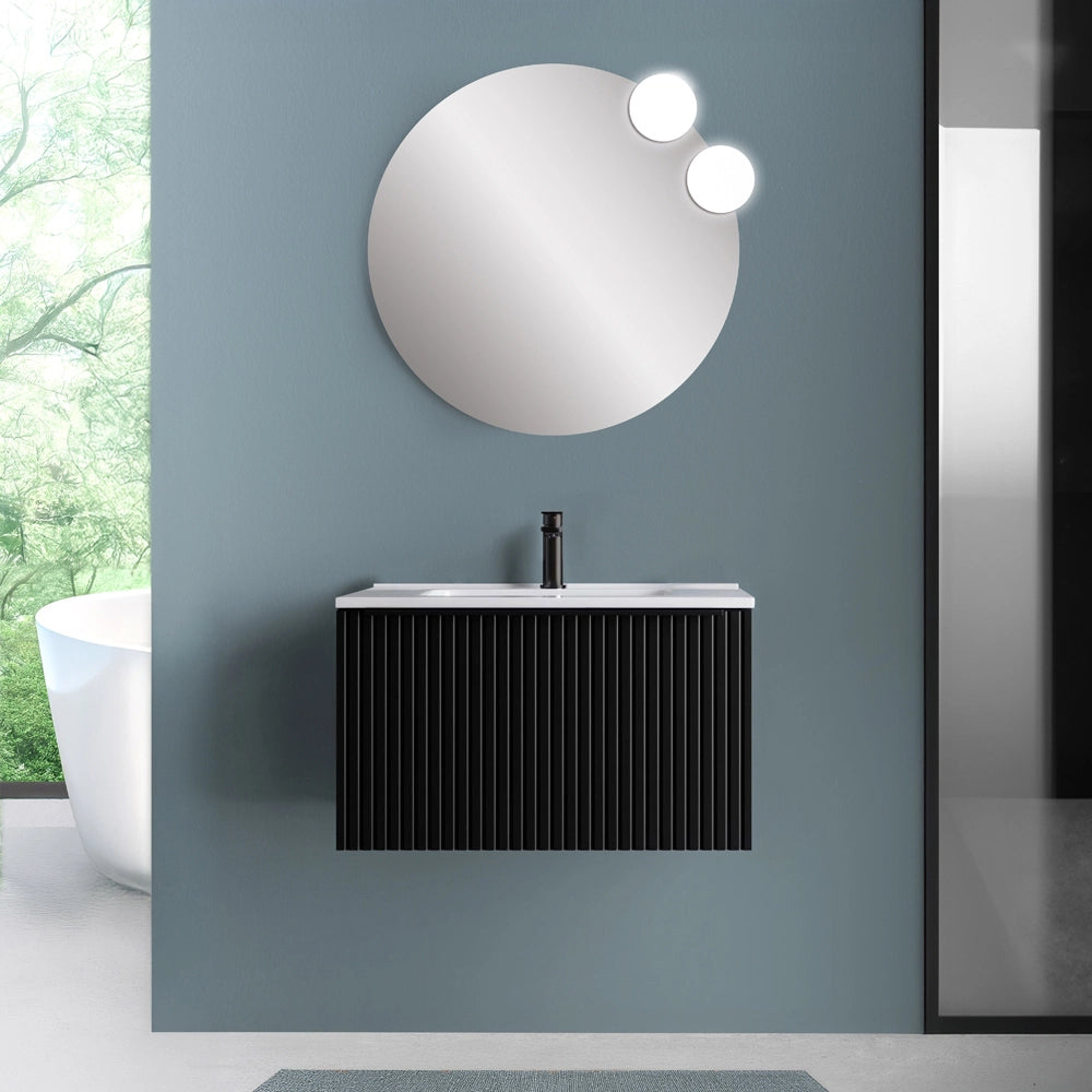 Mobile bagno sospeso 80 cm nero opaco cannettato con cassetto e lavabo Nara