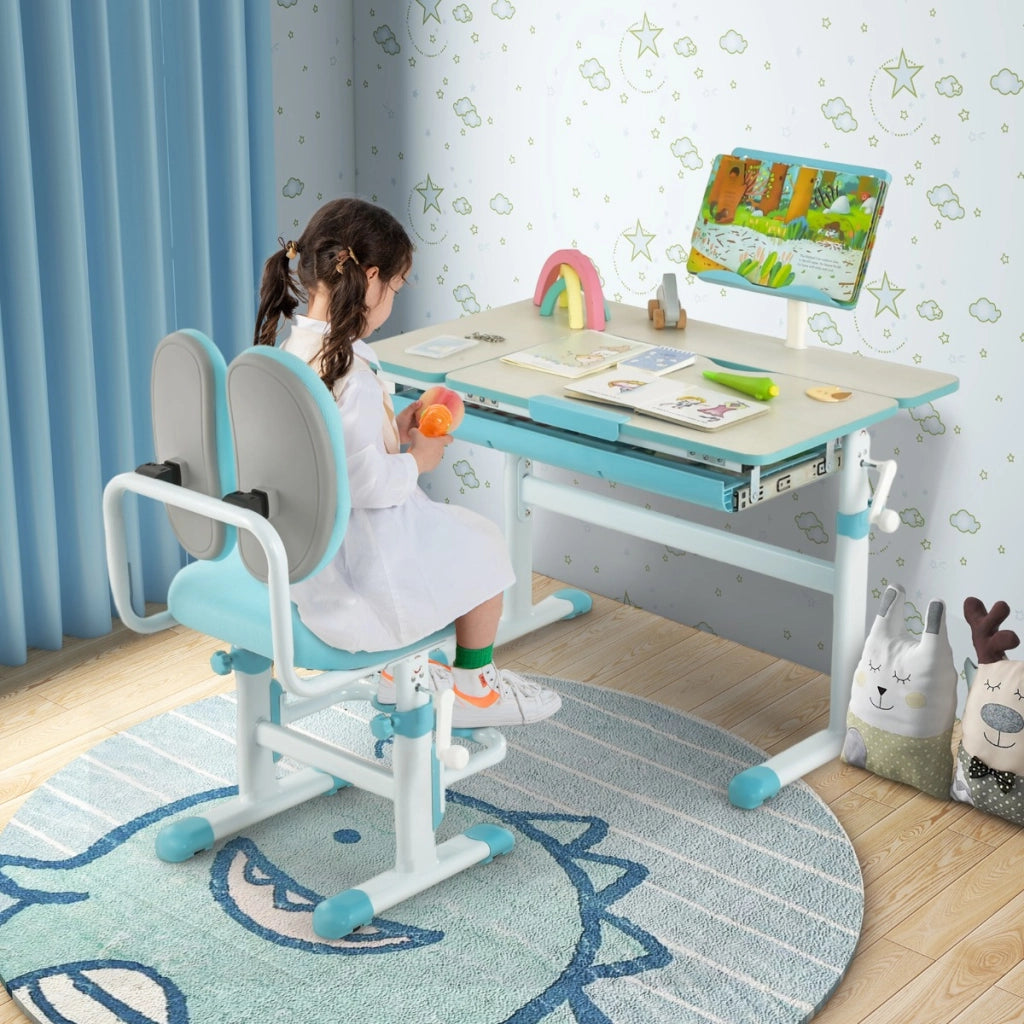 Scrivania per bambini regolabile con piano inclinabile cassetto, Scrivania per bambini tavolo ergonomico Azzurro-Tavoli e sedie