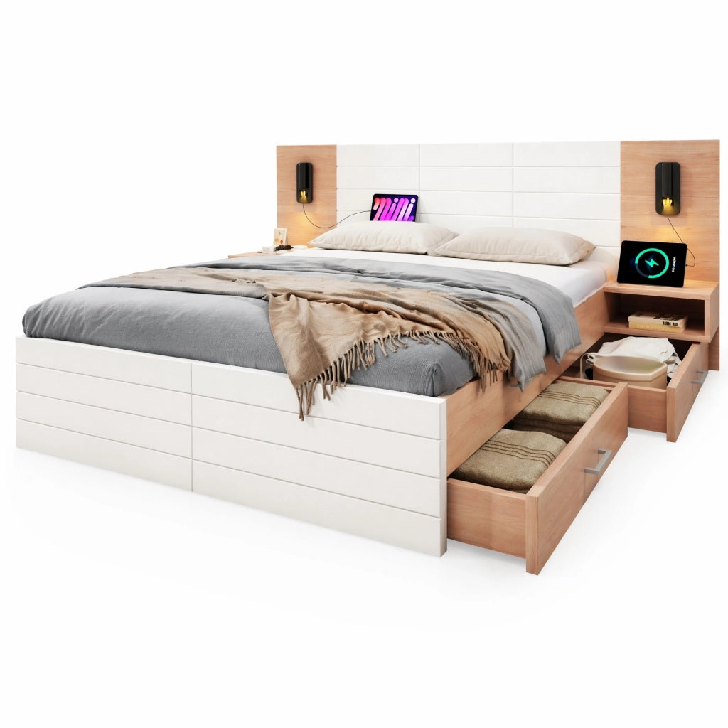 Letto matrimoniale 160x200 cm in legno con 2 cassetti, luci LED e USB, colore bianco/elegante quercia
