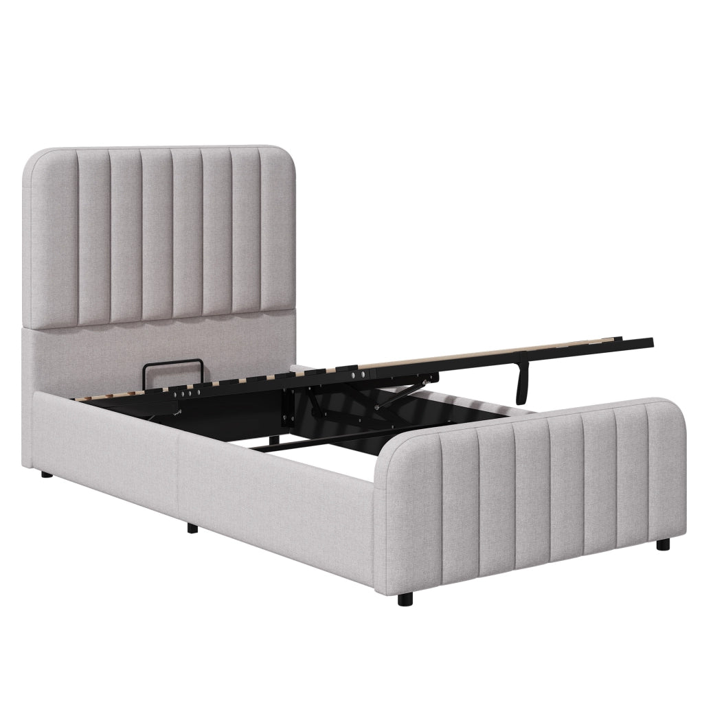 Letto imbottito 90x200 cm con contenitore idraulico in lino grigio