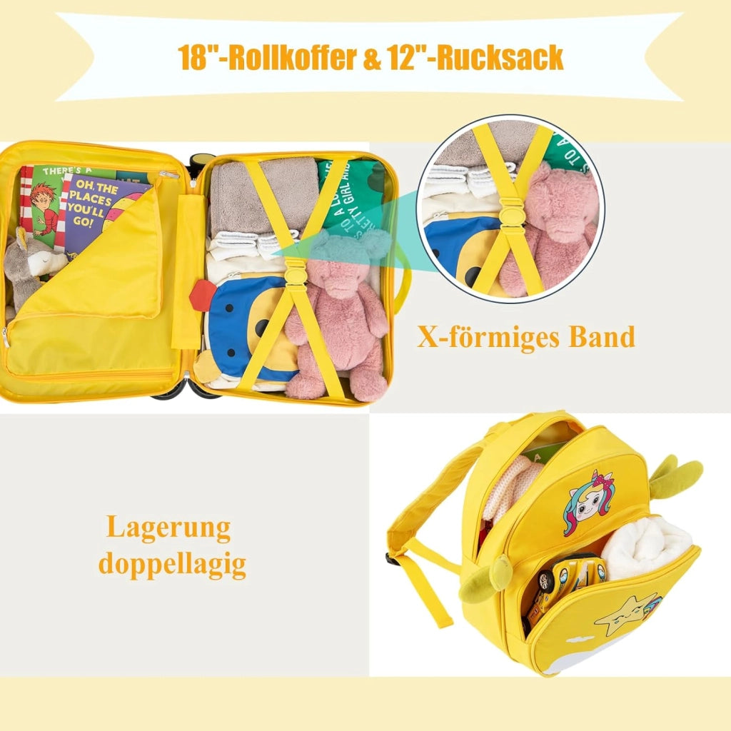 Set di Valigia Cavalcabile 18’’ + Zaino 12’’ per Bambini 2 Pezzi, Bagagli 2-in-1 di con Maniglia Telescopica e 4 Ruote, Trolley Bagaglio a Mano e Zaino per Bambini (Giallo Unicorno-C)