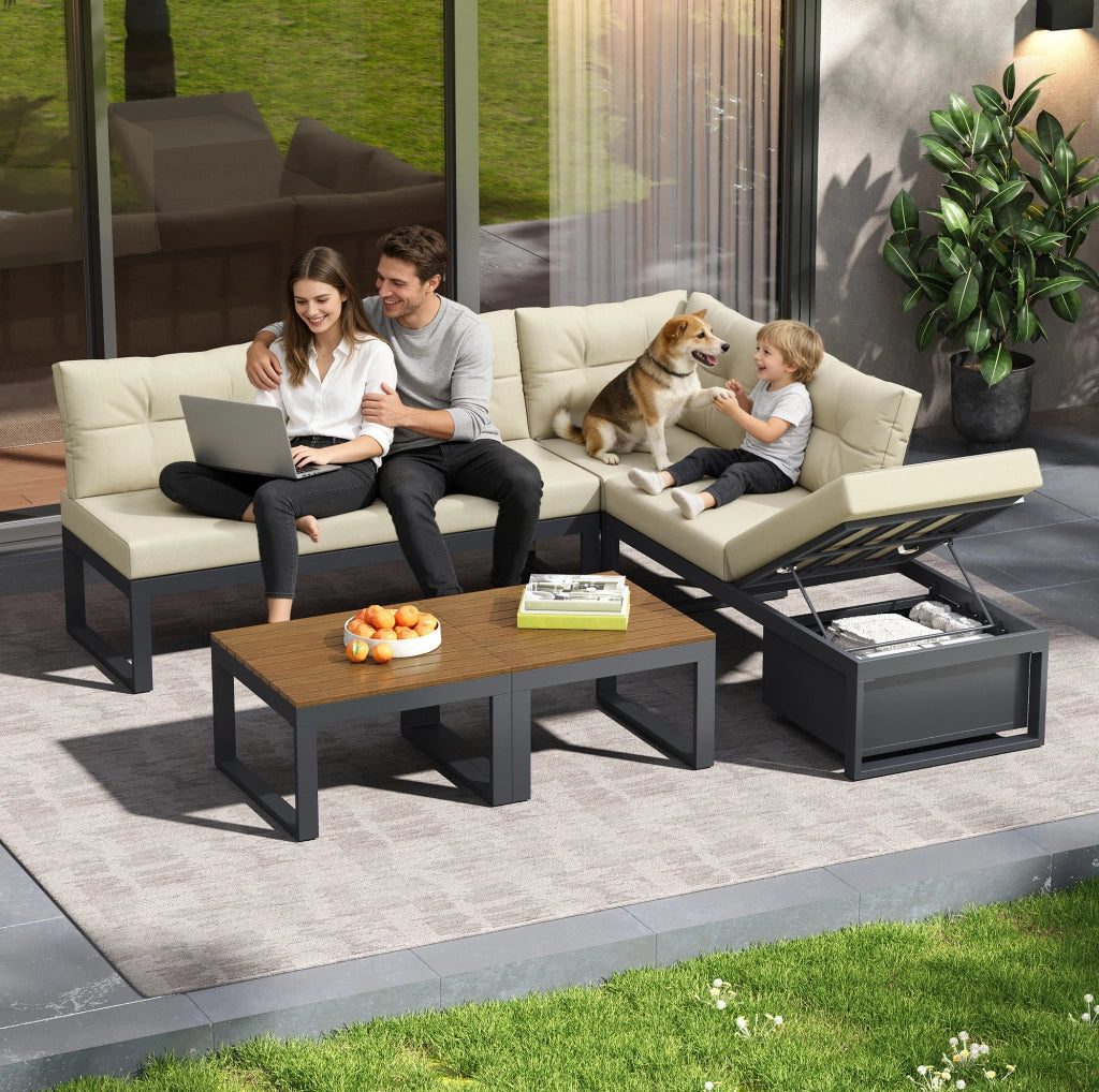 Set divano da esterno modulare con contenitore e schienale regolabile a 3 posizioni; beige