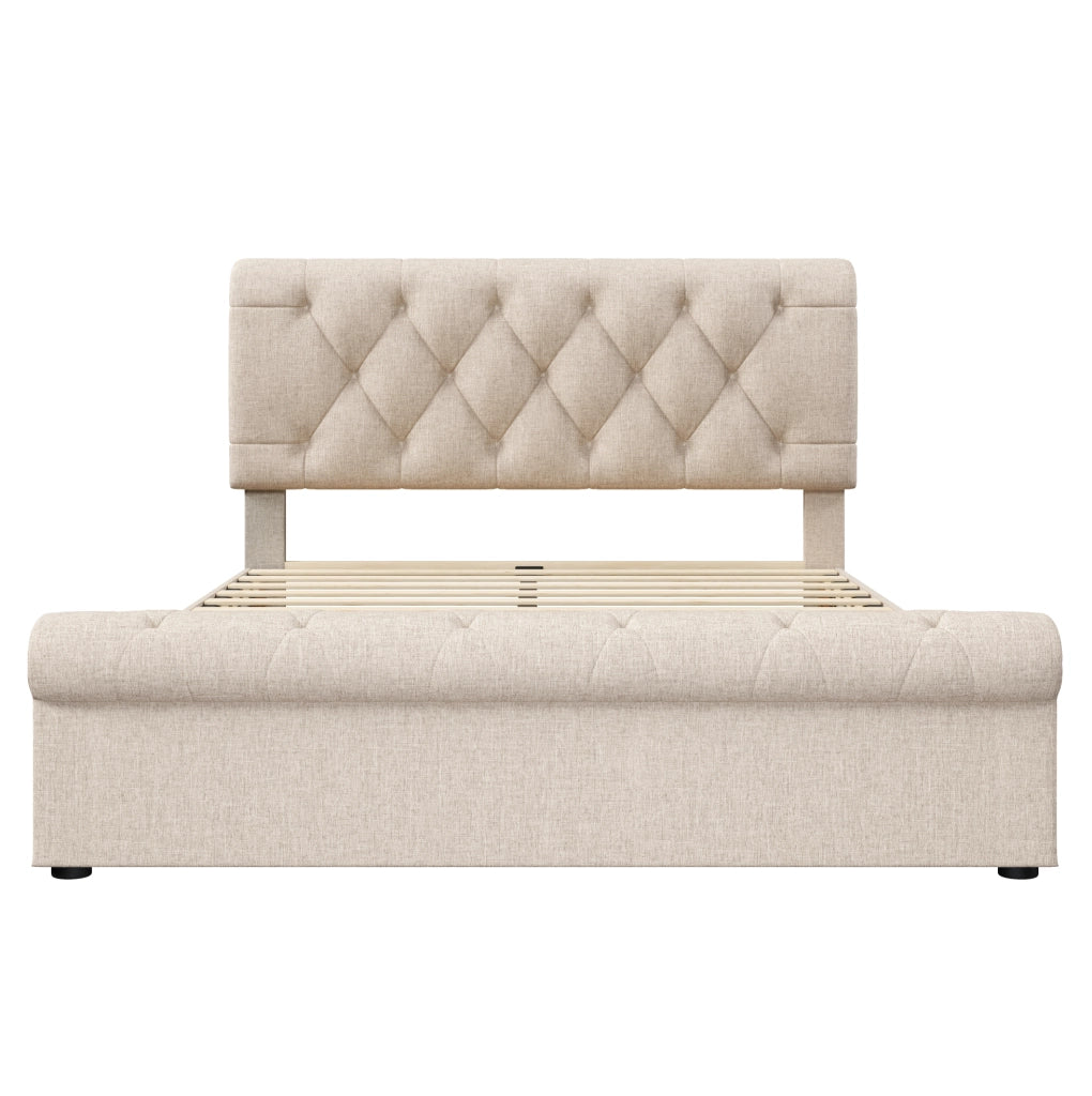 Letto matrimoniale imbottito 140x200 naturale con 4 cassetti e materasso