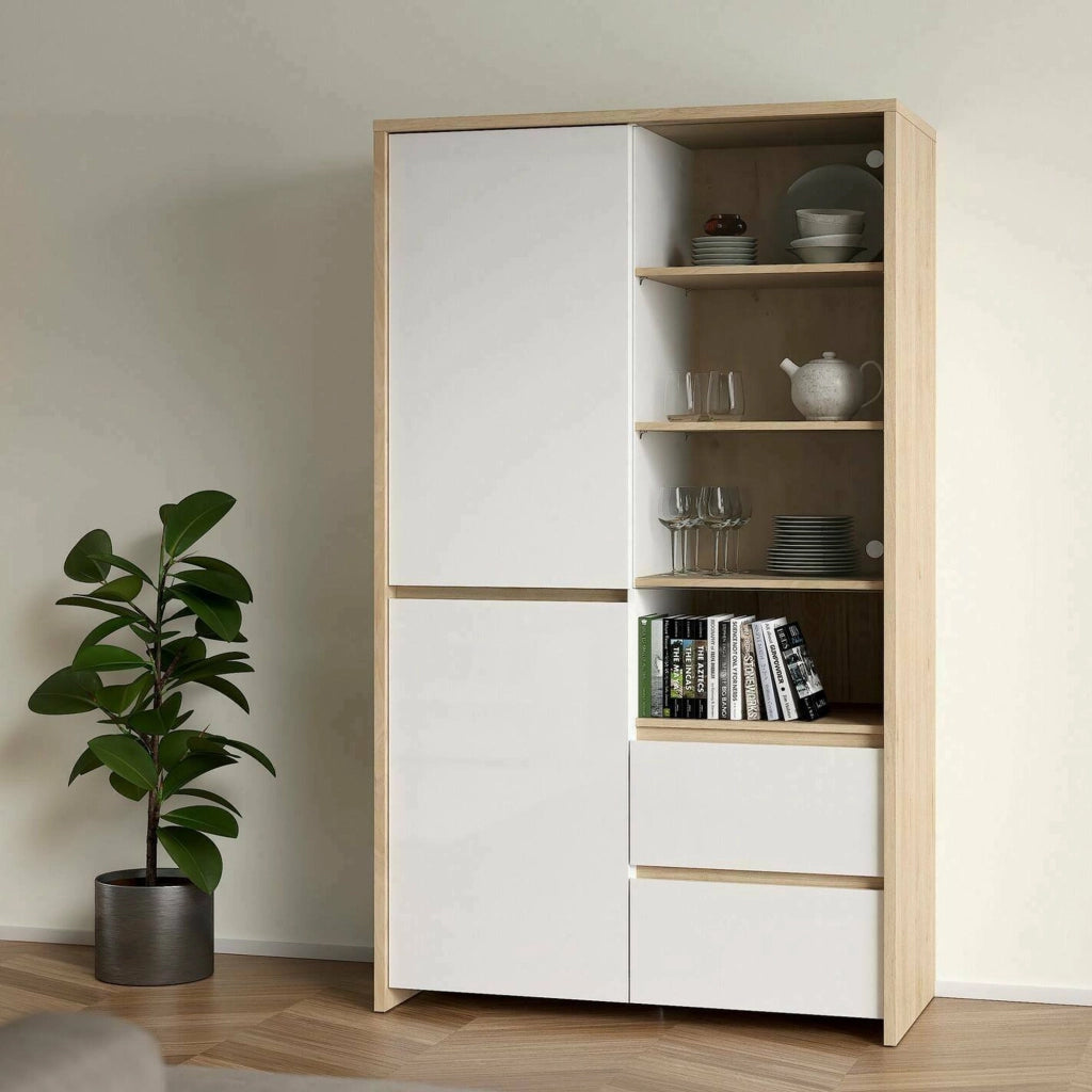 Vetrina Reykjavik, Credenza espositiva, Vetrinetta multiuso, Madia da soggiorno, 100x48 h170 cm, Rovere e Bianco lucido