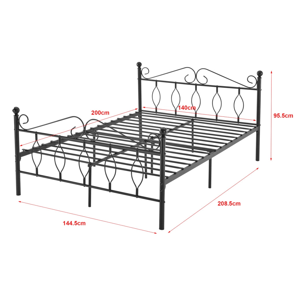 Struttura Letto in Metallo con Testiera e Pediera in Stile Romantico/Classico con Materasso 140 x 200 cm Letto Francese / Matrimoniale - Nero