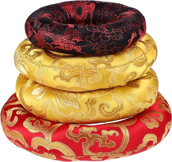 Klankschaalkussens 4 pezzi 10-12-14-16 cm con motivi tradizionali tibetani - colori ordinati.