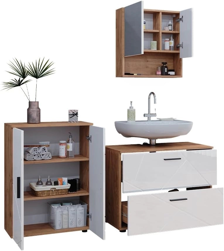 Set di mobili da bagno Irma, Bianco lucido/oro power oak, 80 cm, composto da mobile sottolavabo, specchiera e mobile medio