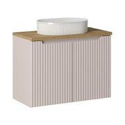 Set VANO in cashmere e rovere 80cm: mobile basso con armadietti + piano per lavabo + lavabo da appoggio scanalato bianco