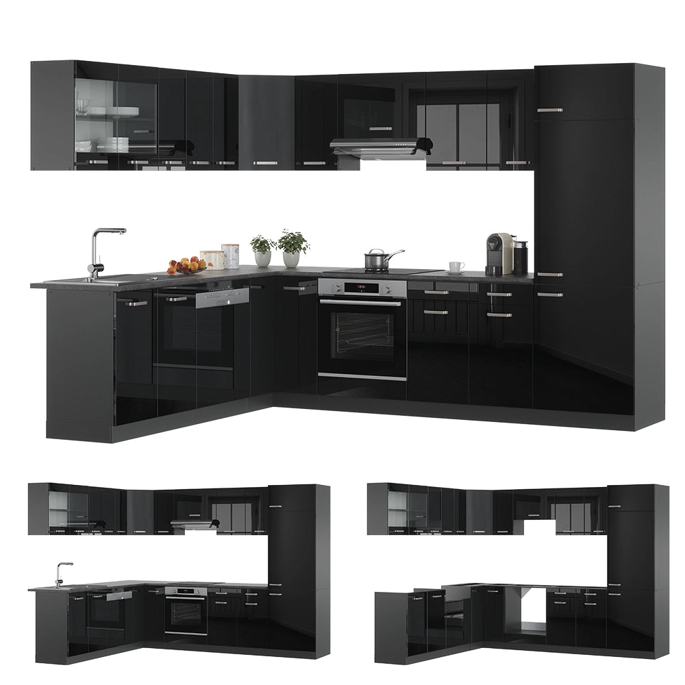 Vicco Cucina angolare completa Nero lucido/antracite 227 x 287 cm senza piano di lavoro