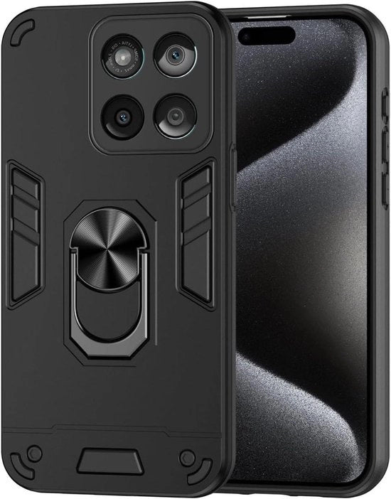 Hoes ultra resistente per smartphone, copertura TPU + PC ultra sottile con anello metallico standard, nero.
