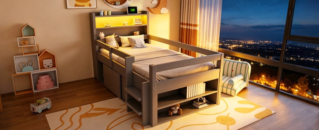 DESMIU Letto per bambini 90 × 200 cm con mensole, vani contenitori, LED, USB, senza materasso, grigio