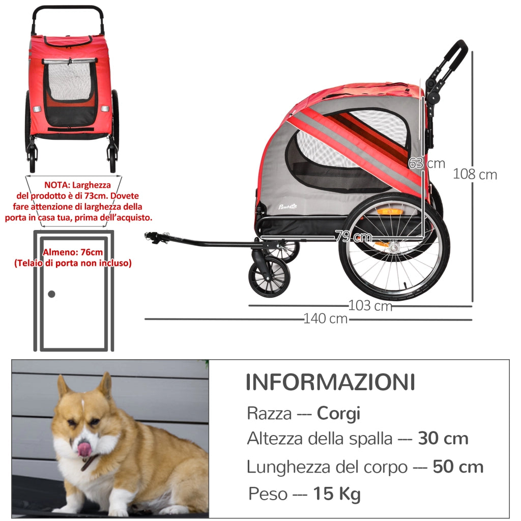 Easycomfort Rimorchio Cani con Ingresso a Cerniera, Ruote e Bandiera, in Acciaio e tessuto Oxford, Rosso Argento Nero