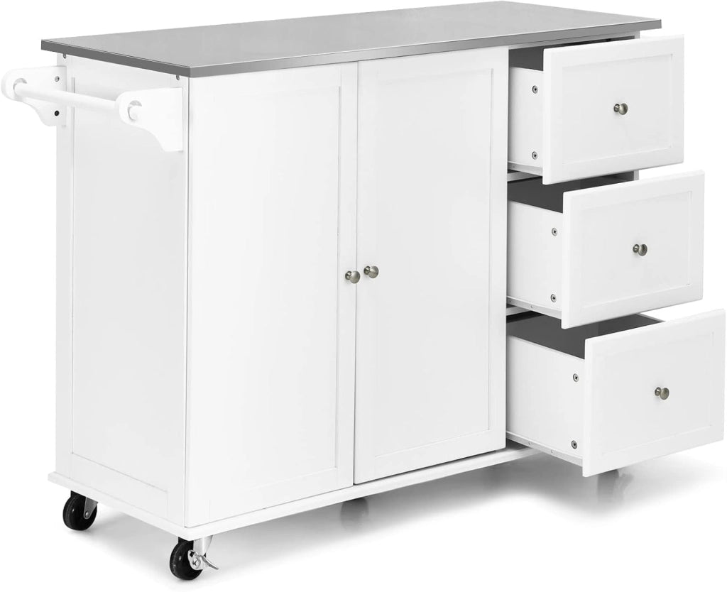 Isola da cucina mobile con piano di lavoro in acciaio inox, carrello da cucina con 3 cassetti e portasciugamani e ripiano regolabile, mobile da cucina su ruote, carrello da cucina 135 x 45,5