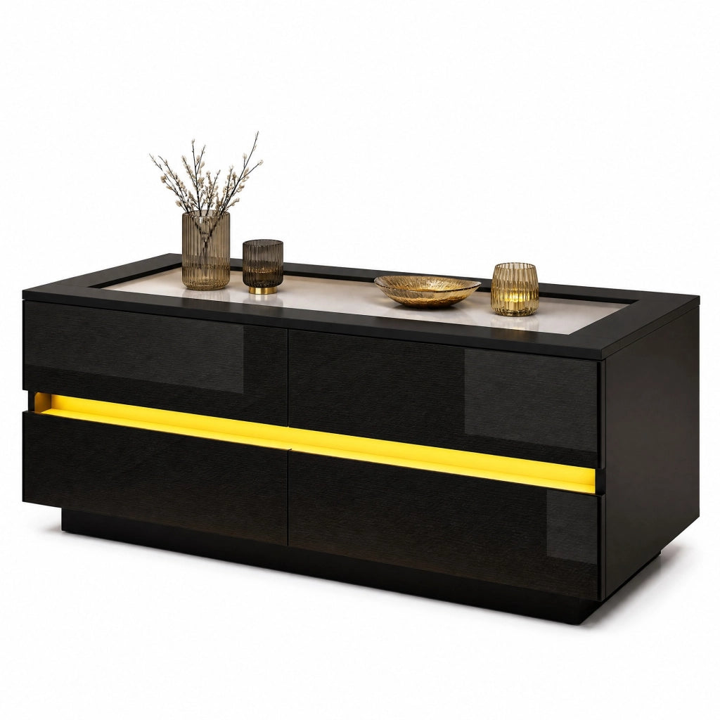 Tavolino da caffè con 4 cassetti e illuminazione LED; piano in vetro temperato; in truciolare nero; 100 × 50 × 40 cm