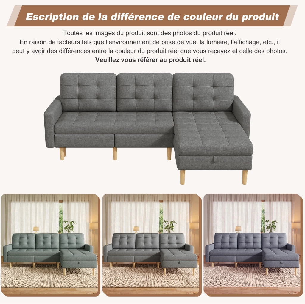 Divano angolare a L con contenitore e chaise longue reversibile, grigio