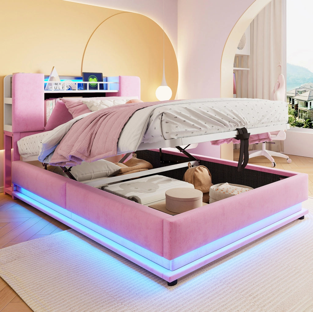 Letto imbottito per bambini 90x200 cm con LED; USB e contenitore idraulico; velluto rosa