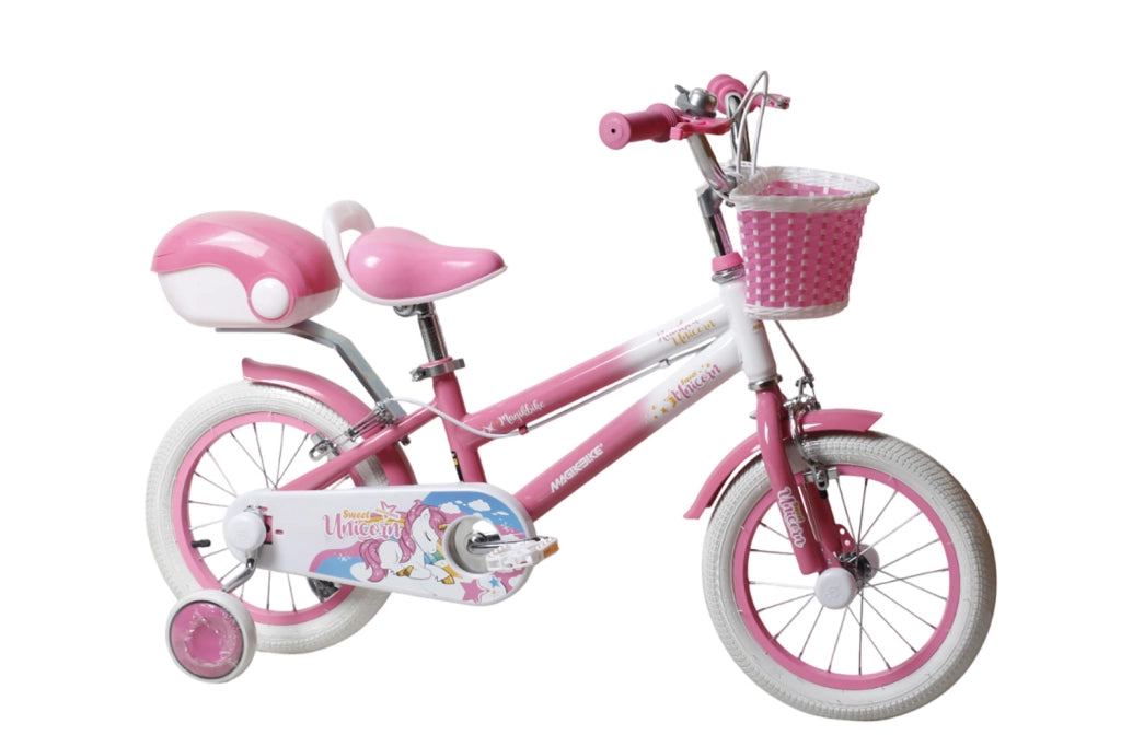 Bicicletta per Bambine Unicorn 16 Pollici con Stabilizzatori Bauletto e Cestino Rosa Rosa