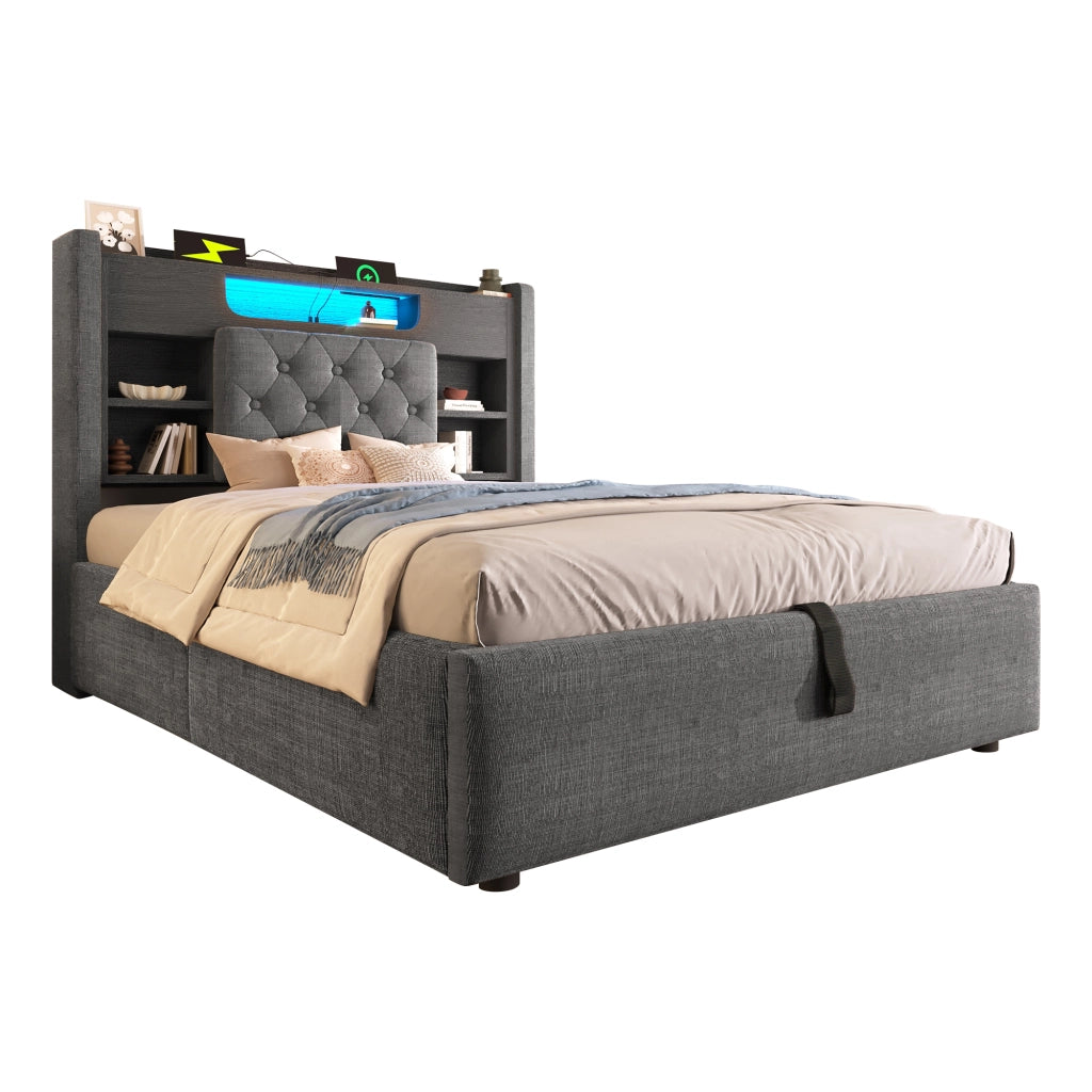 Letto contenitore 90x200 cm in lino grigio con LED, USB/Type-C e testiera con spazio contenitivo