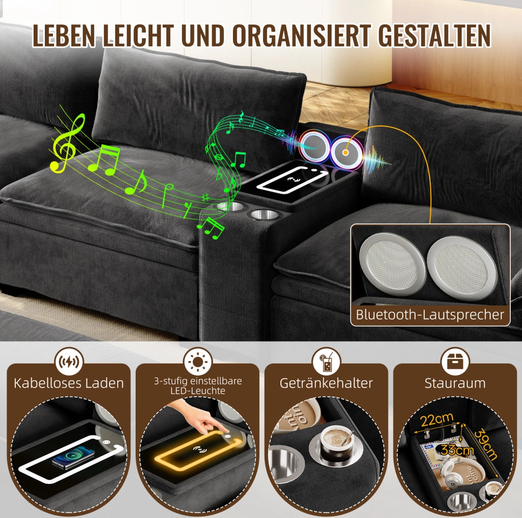 Divano modulare angolare 4 posti in chenille nero con pouf, ricarica wireless, altoparlanti Bluetooth e luci dimmerabili