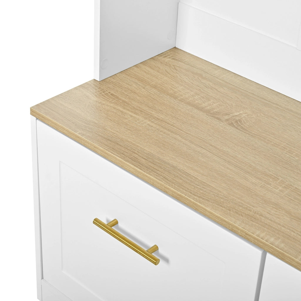 OKWISH Mobile da ingresso con 2 Ante, Panca, 4 Ganci e Vani Aperti, MDF, Naturale e Bianco, 105 x 40 x 180 cm