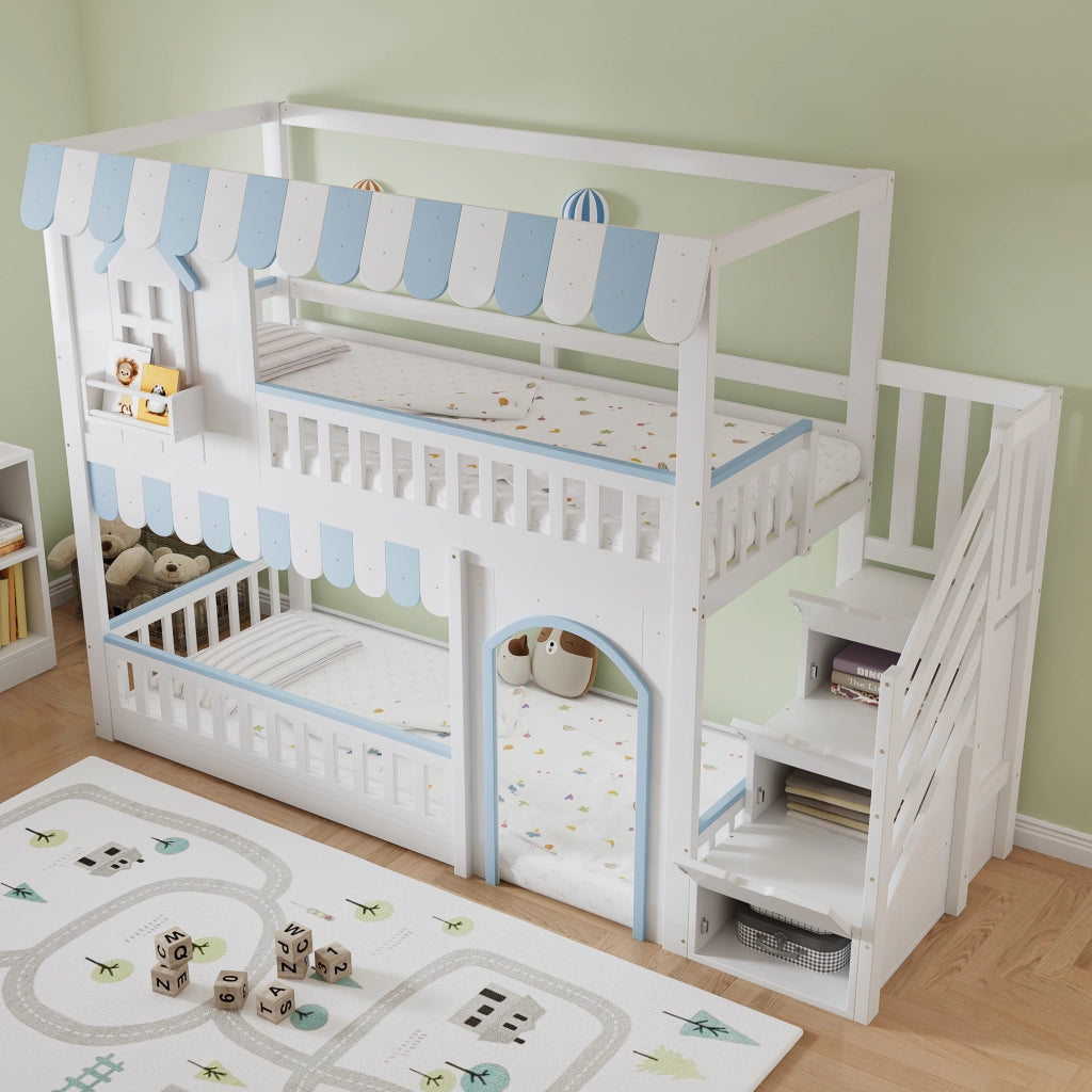 Letto a castello con scalinata e contenitore in legno massello e MDF 90x200 cm