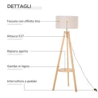 Lampada da Terra con Ripiano Intermedio Paralume in Lino Interruttore a Pedale Risparmio Energetico Altezza 154cm, Legno, 50x50x154 cm