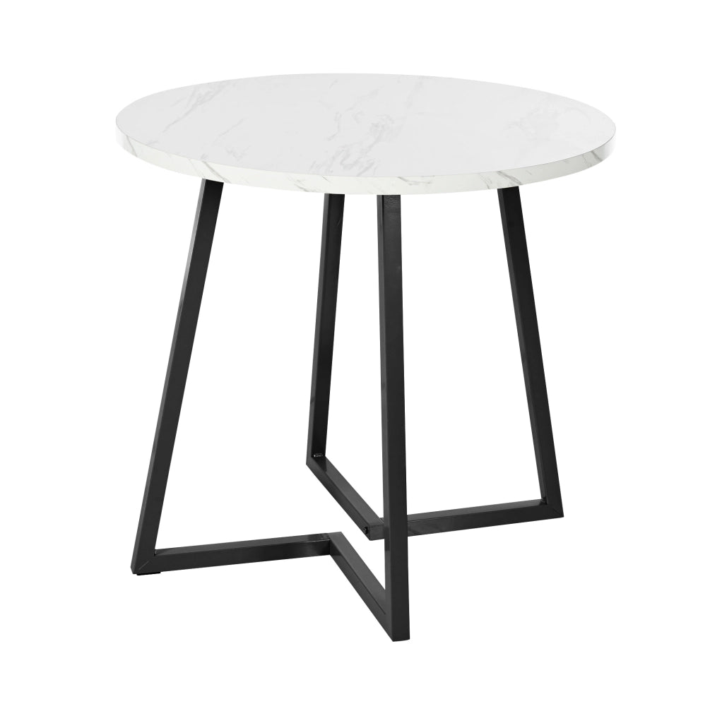 Tavolo da pranzo rotondo 80 cm in MDF effetto marmo; bianco; con base in metallo