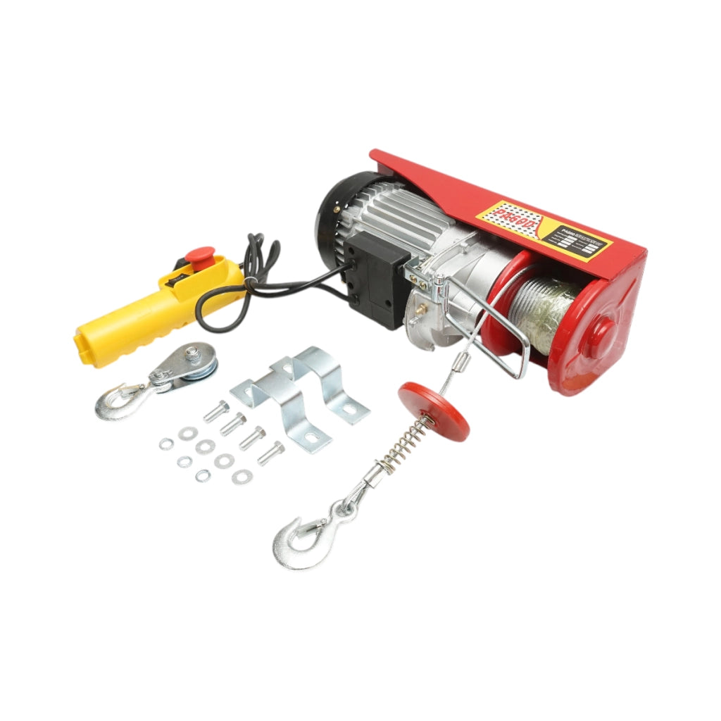 Paranco/gru elettrica 220V/50Hz 1150W, carico massimo 300/600Kg, velocità di sollevamento 5-10m/min, altezza di sollevamento 6-12m IP40