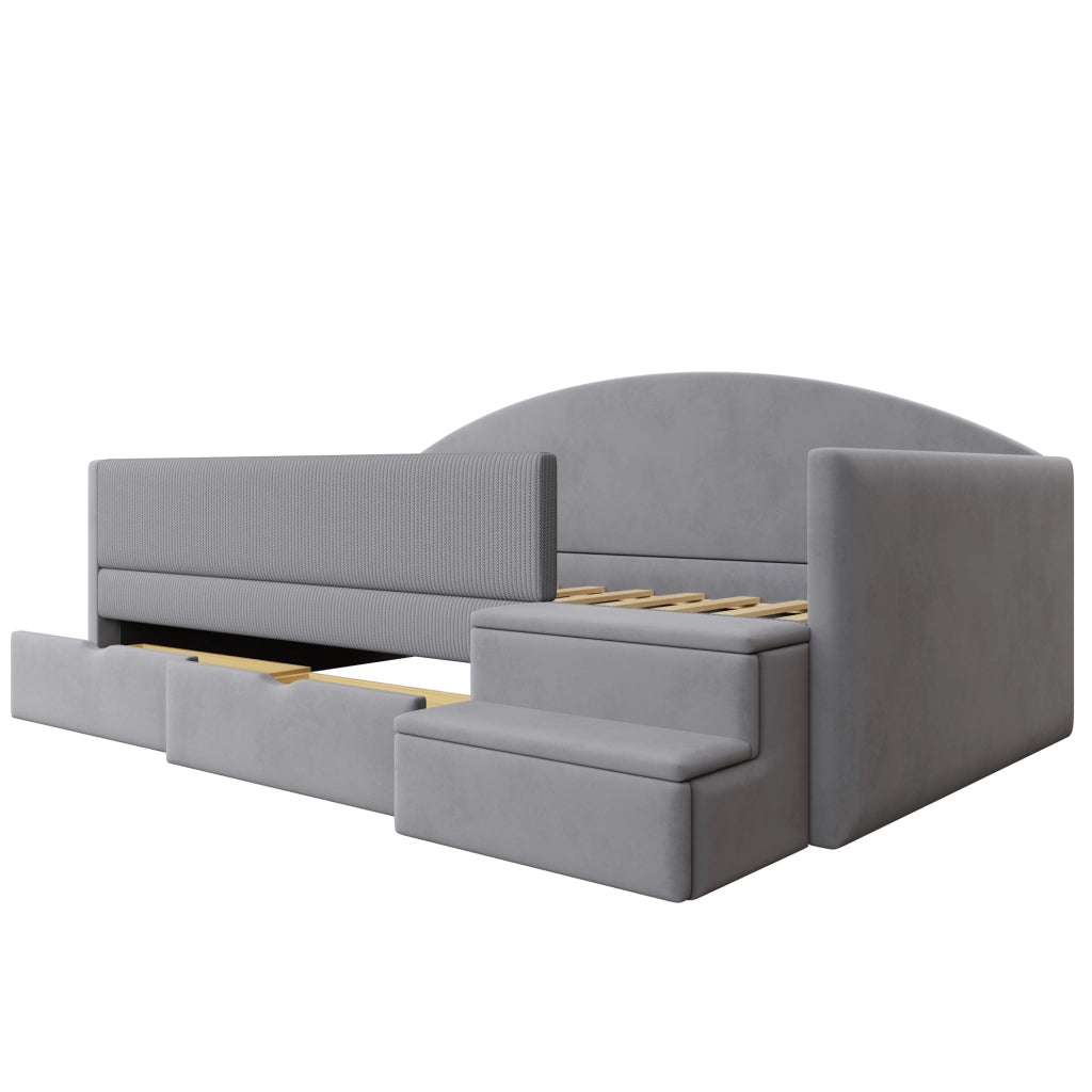 Letto per bambini 90 × 190 cm con 2 cassetti, sponde di sicurezza et gradini, senza materasso, velluto grigio chiaro