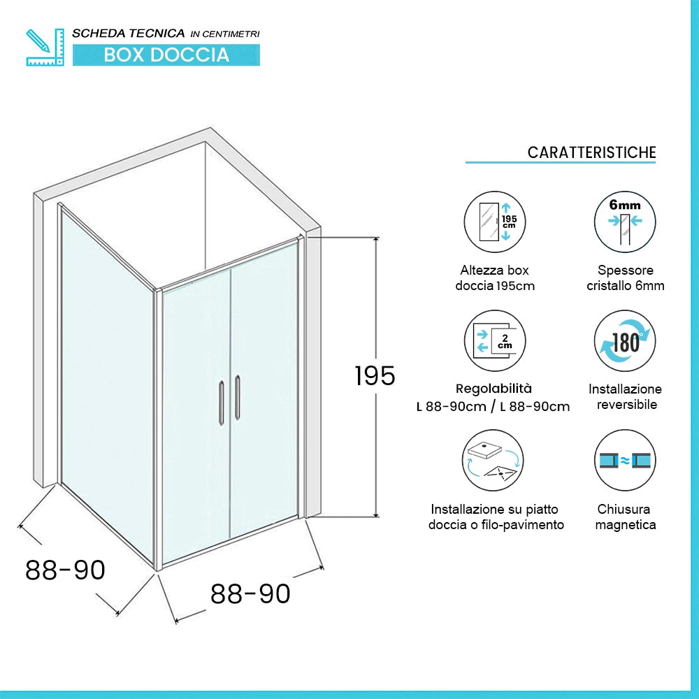 Box doccia angolare 90x90 con apertura saloon in vetro temperato trasparente con profili cromati Neos