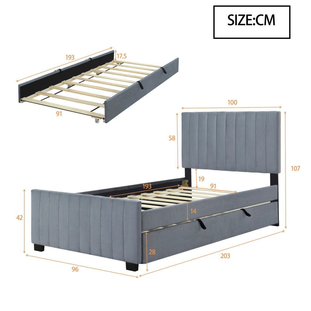 OKWISH Letto estraibile 90×190 cm, Letto Singolo con Testiera Imbottita e Letto a Scomparsa, senza Materasso, in Velluto, Grigio