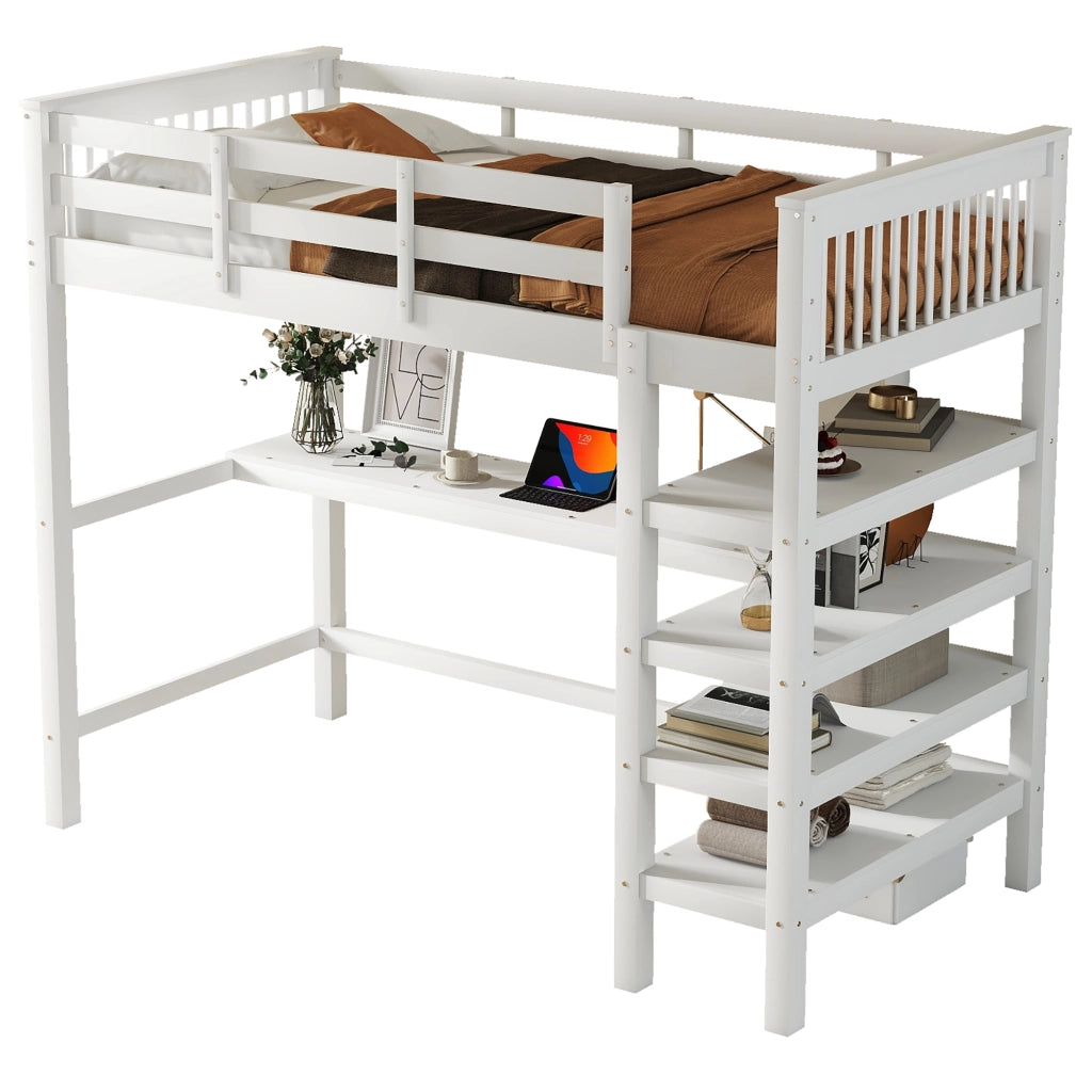 Letto a castello bianco in pino con scrivania sottostante e ripiani 90x200 cm