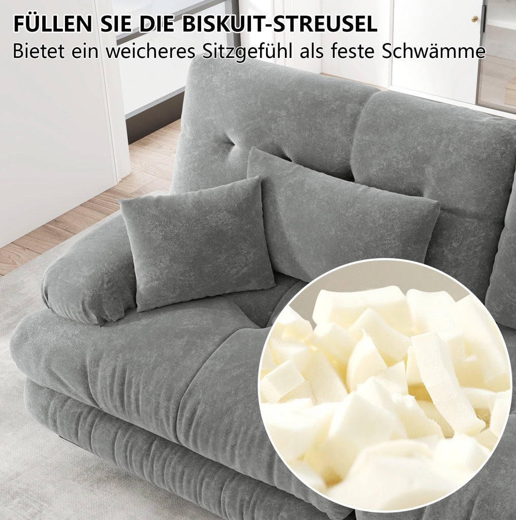 Divano modulare 4 posti con pouf mobili; configurazione a U o ad angolo; in ciniglia grigia