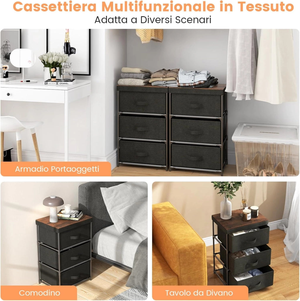 Cassettiera in Tessuto, Mobile con 3 Cassetti e Struttura Robusta in Metallo, Armadio per Camera da Letto, Soggiorno, Ingresso, 40 x 30 x 62 cm (Nero 2 Pezzi)