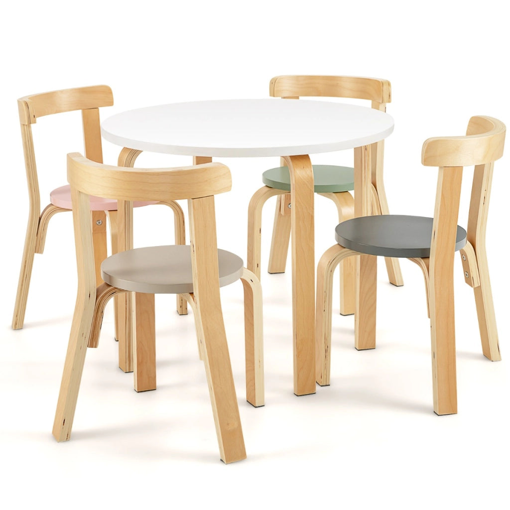 Set tavolo e sedie per bambini da 5 pezzi con schienale curvo in legno, Tavolo attivit¨¤ con 4 sedie Colorato-Tavoli e sedie