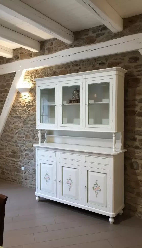 Cristalliera 3 porte napoletana legno bianco sporco decori l.150 p.43 h.208 (492) - Mobili 2G