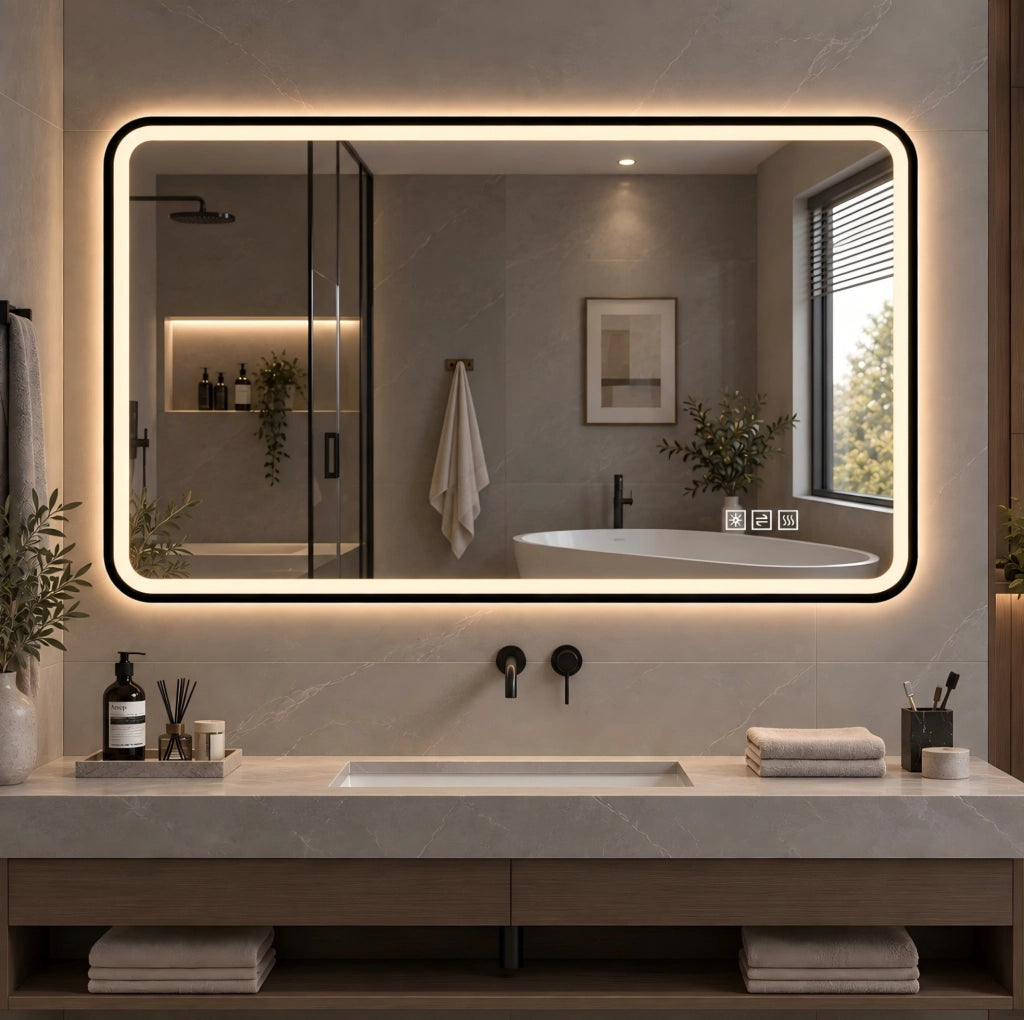 Specchio da bagno LED ULEVR con cornice nera in alluminio, antiappannamento, luce regolabile e 3 tonalit¨¤