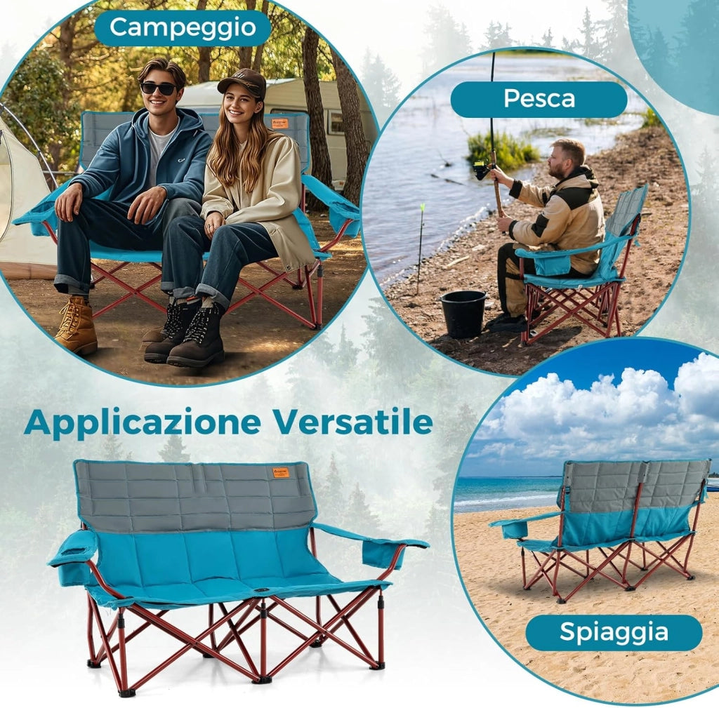 Sedia da Campeggio per 2/3 Persone, Divano per Picnic Pieghevole con Braccioli Regolabili e Portabicchieri, Sedia da Esterno Portatile con Borsa da Trasporto (147 x 69 x 82 cm,Blu)