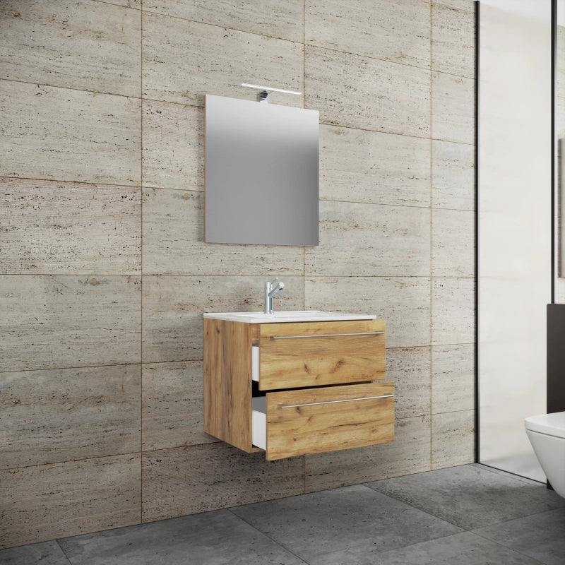 Completo di Ezooza Mobile Sospeso con 2 cassetti Large con lavabo in ceramica di alta qualità e specchio, Rovere miele ,