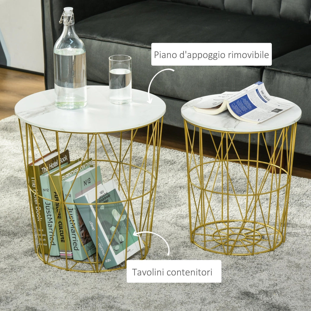 EasyComfort Set 2 Tavolini da Salotto Moderni Impilabili con Ripiano Rimovibile, Tavolino da Caffè con Contenitore per Soggiorno e Camera, Bianco Oro