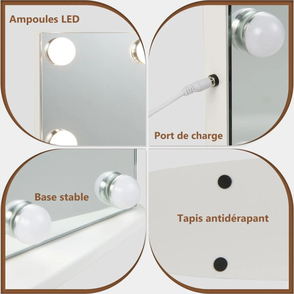 Specchio per il trucco 65 x 14 x 52,5 cm con 18 lampadine LED di alta qualità 3 modalità di illuminazione vetro bianco 20_0020006