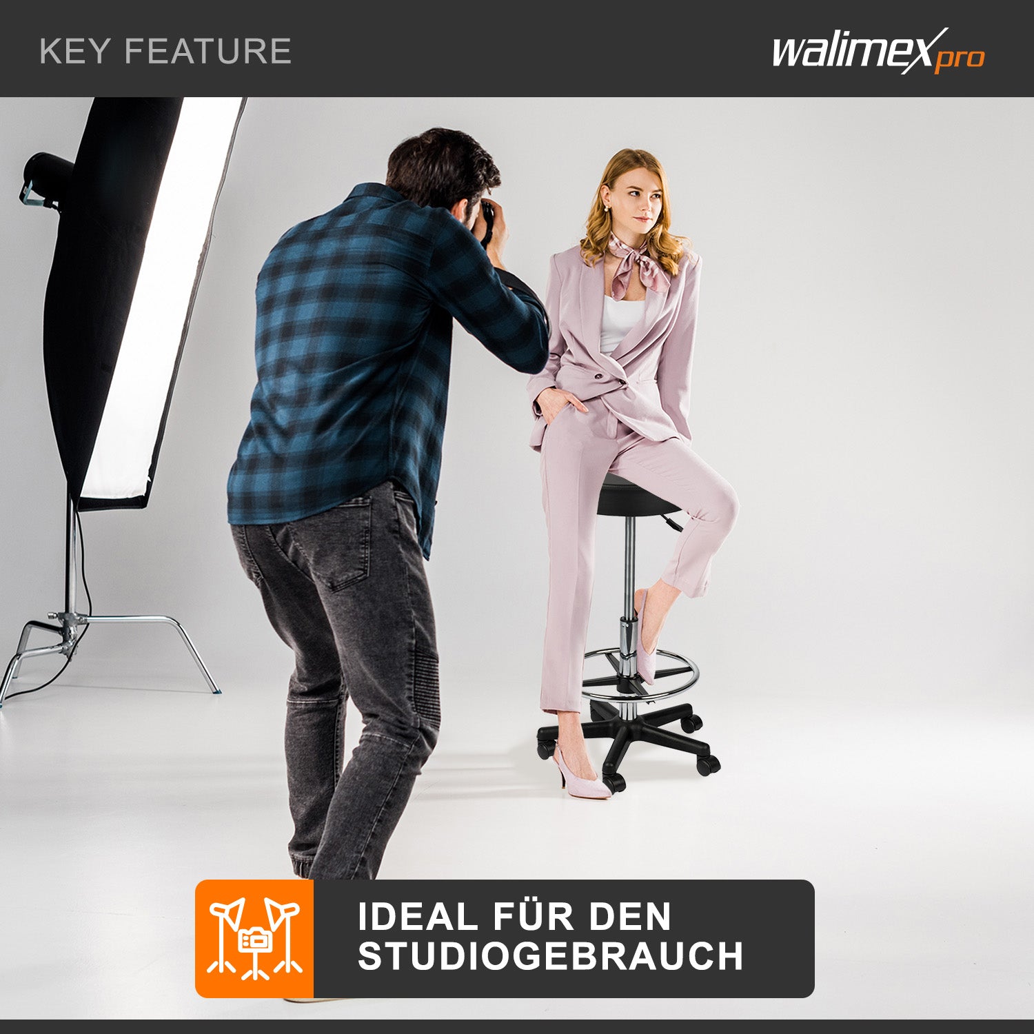 Sgabello con ruote regolabile in altezza 65-87 cm, max 120 kg girevole a 360°, per ufficio studio fotografico