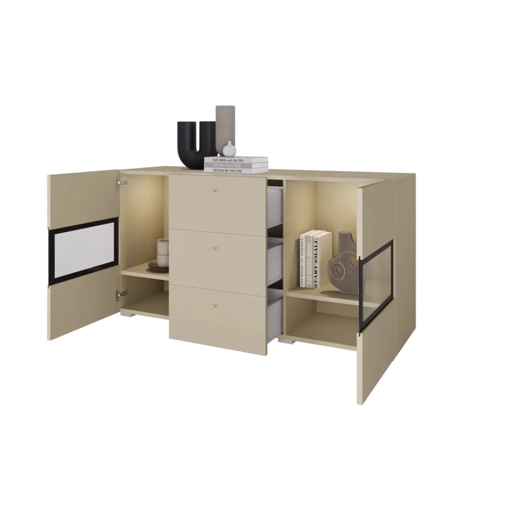 Buffet RAMOS 130 cm – Beige chiaro – LED multicolori integrate – 2 porte in vetro e 3 cassetti