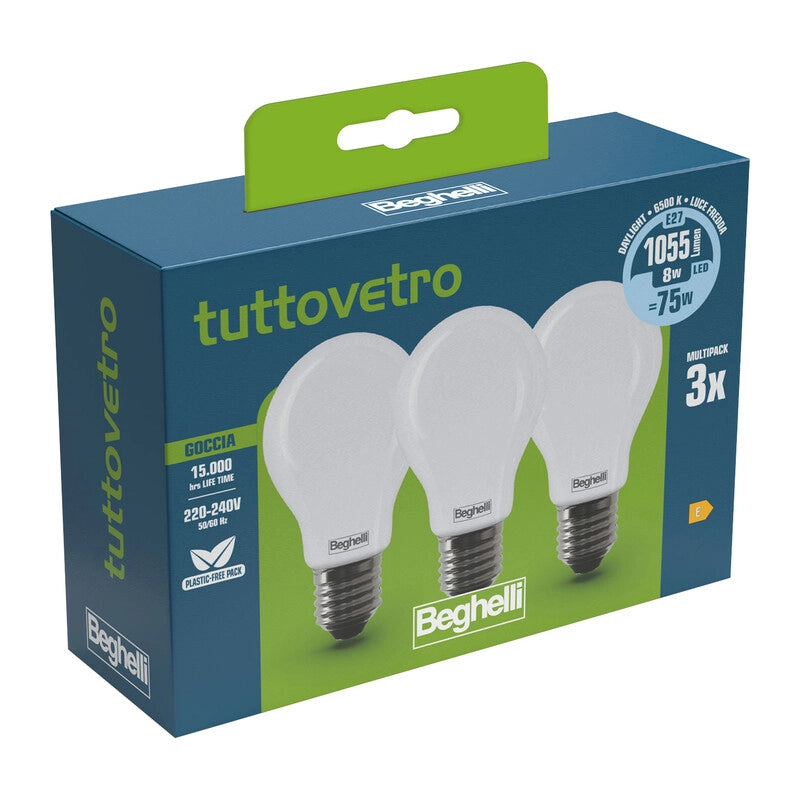 BEGHELLI LED GOCCIA E27  8W 58052 FREDDA 6500K 3 PZ- 10,0 confezione